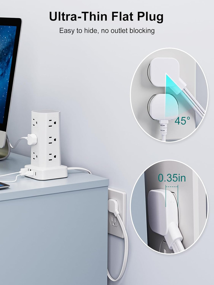 Power Strip Tower Surge Protector, 6FT Flat Plug Extension Cord with Multiple Ou