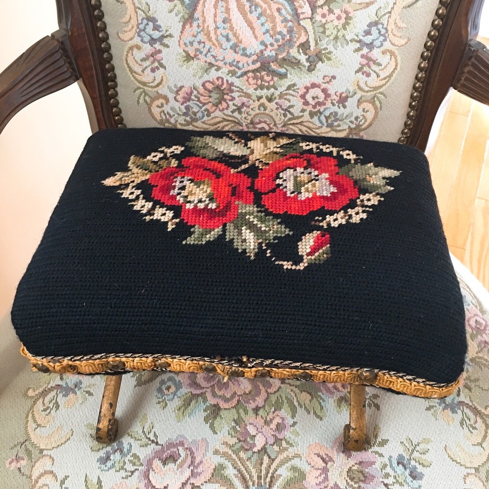 Antique Needlepoint Rectangular Foot Stool w/ Metal Feet