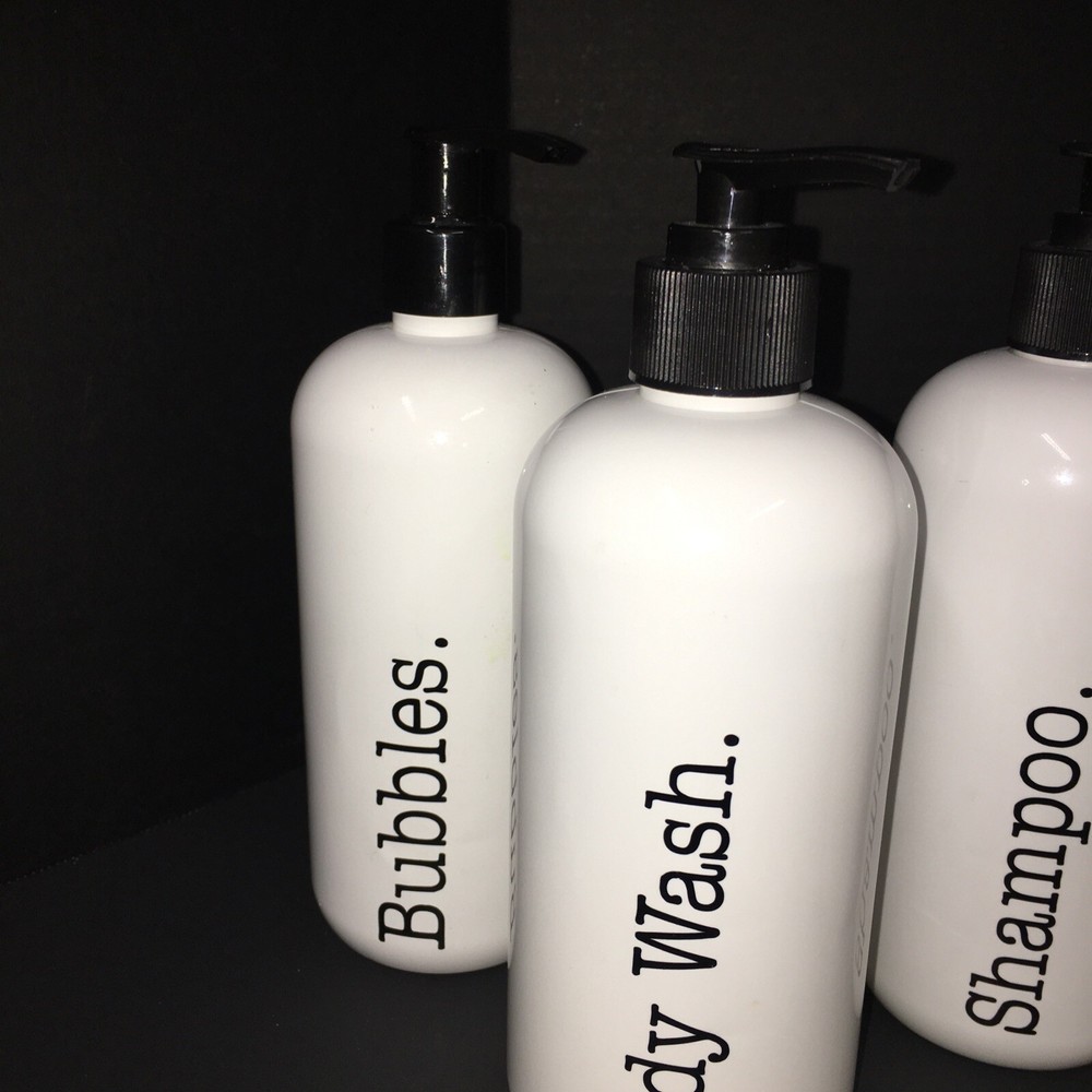 Apothecary Empty White Plastic Bottles with Black Graphics,Pump 16 Oz