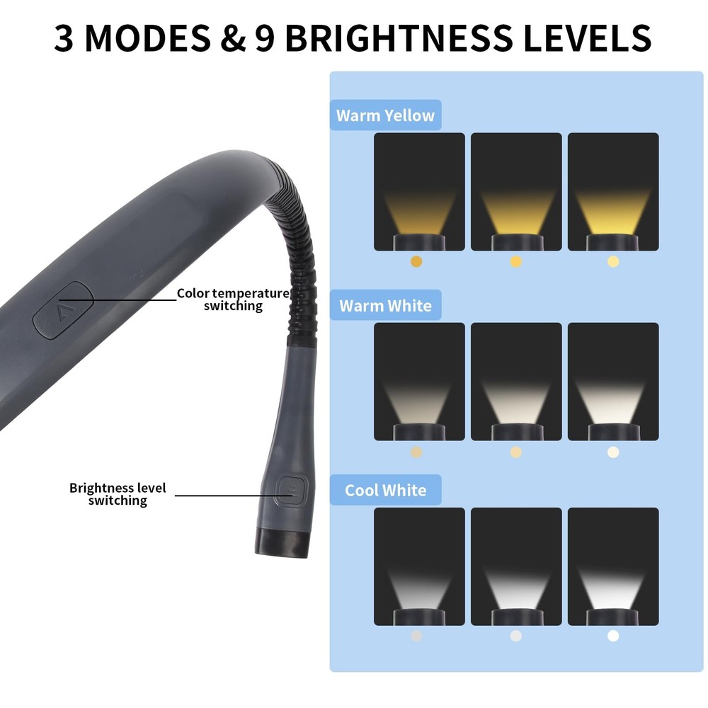 Book Light, 3-Color & 9-Brightness Reading Light, Bendable Neck Light, 80-hr ...