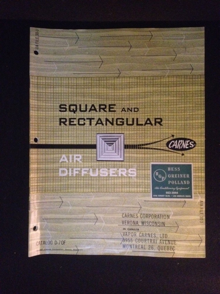 CARNES Square and Rectangular Air Diffusers Catalog  D-7OF D-70F 1960's