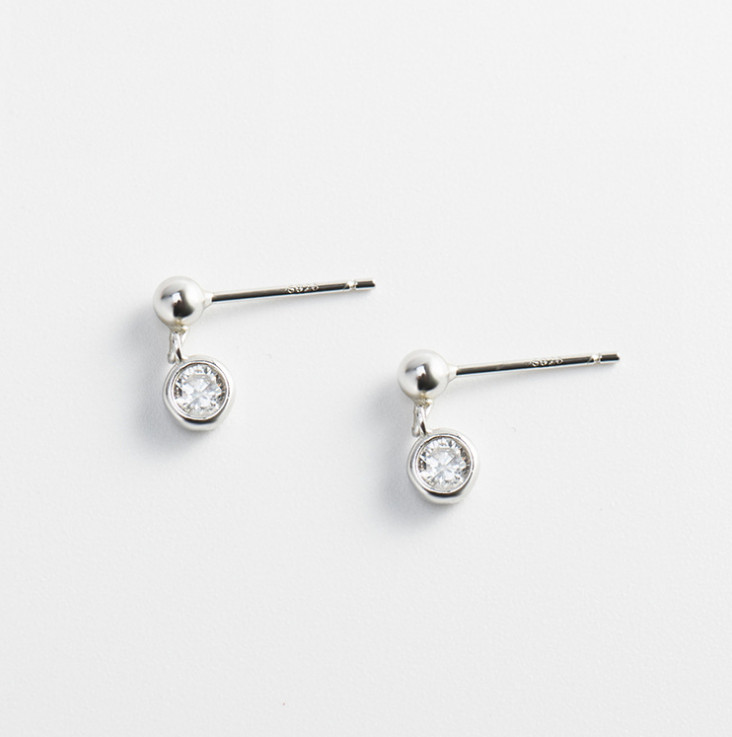 925 Sterling Silver Tiny Dangle Round CZ Ball Stud Earrings Gift PE41