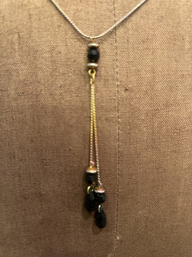 1960s Black Onyx Bead Statement 9" Drop Necklace Silvertone