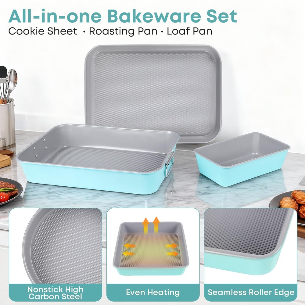 Spmarkt 21-pieces Stackable Nonstick Bakeware Set, L, Blue+Grey