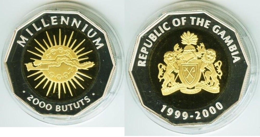 2000 Gambia Large Silver/Goldplated 10-sided Proof  Millenium 2000 Bututs