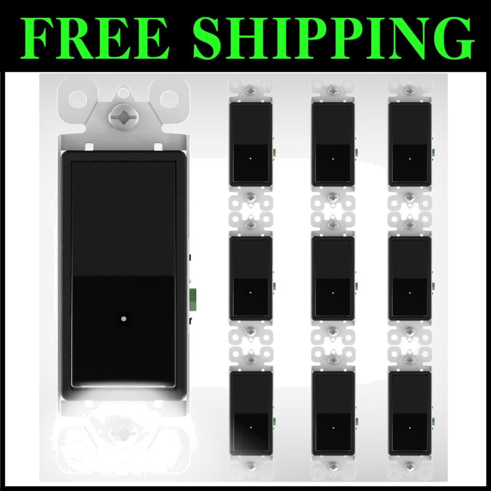 10-Pack LED Night Light Switch, Single Pole Rocker - Black