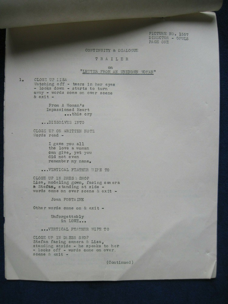 ORIGINAL CONTINUITY & DIALOGUE SCRIPT for MAX OPHULS' LETTER TO AN UNKNOWN WOMAN