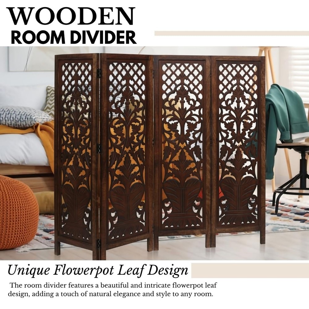 Room Divider Wood Screen Panel – Burnt Brown, 4-Panel Folding 64"x54", Hand-C...