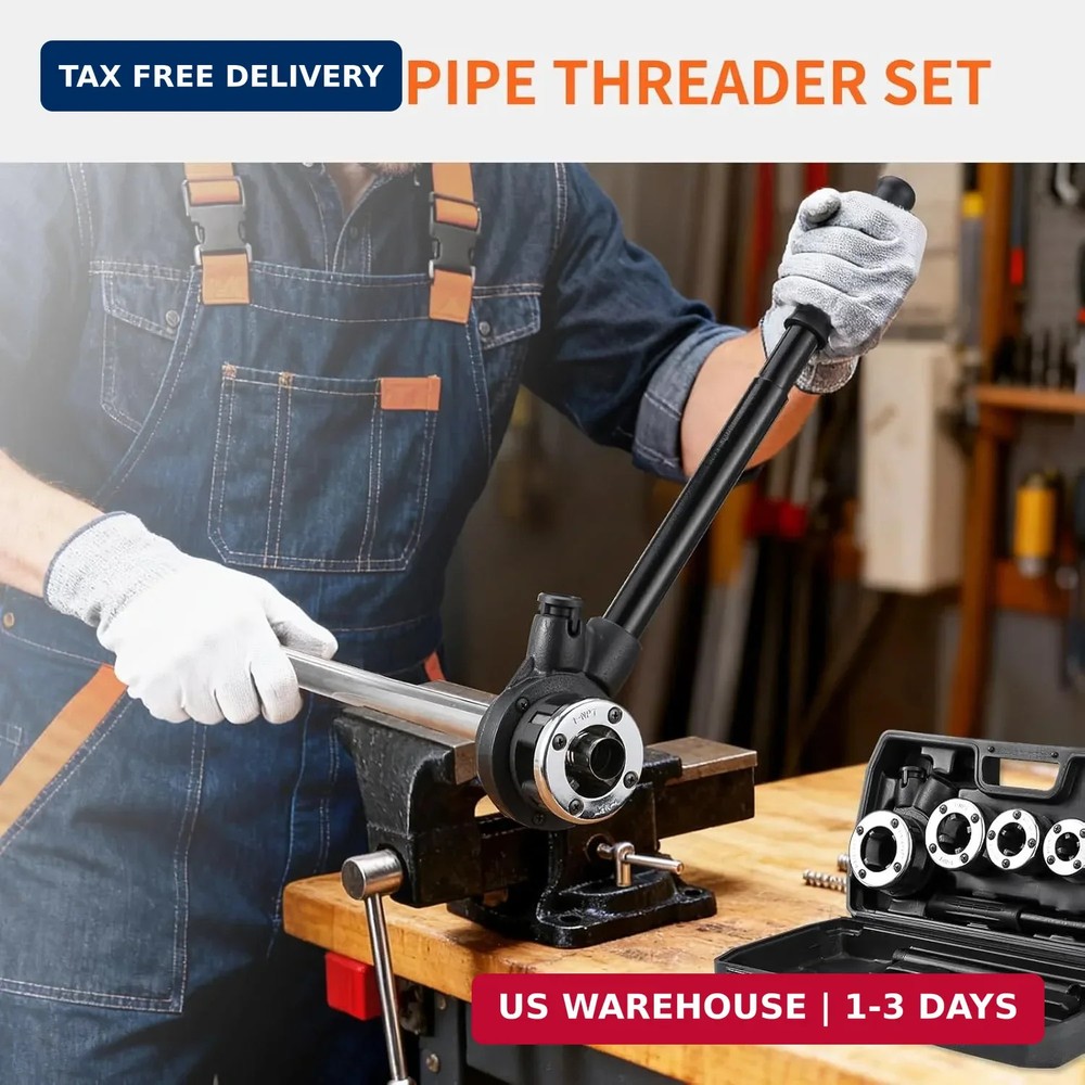Ratchet Pipe Threader Kit, Plumber Pipe Threading Set, Portable Pipe Die Tool wi