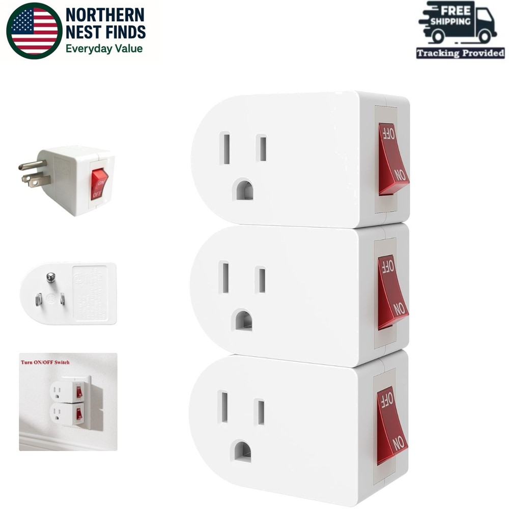 3 Pack Grounded Outlet Adapter with On/Off Power Switch - Energy Saving White