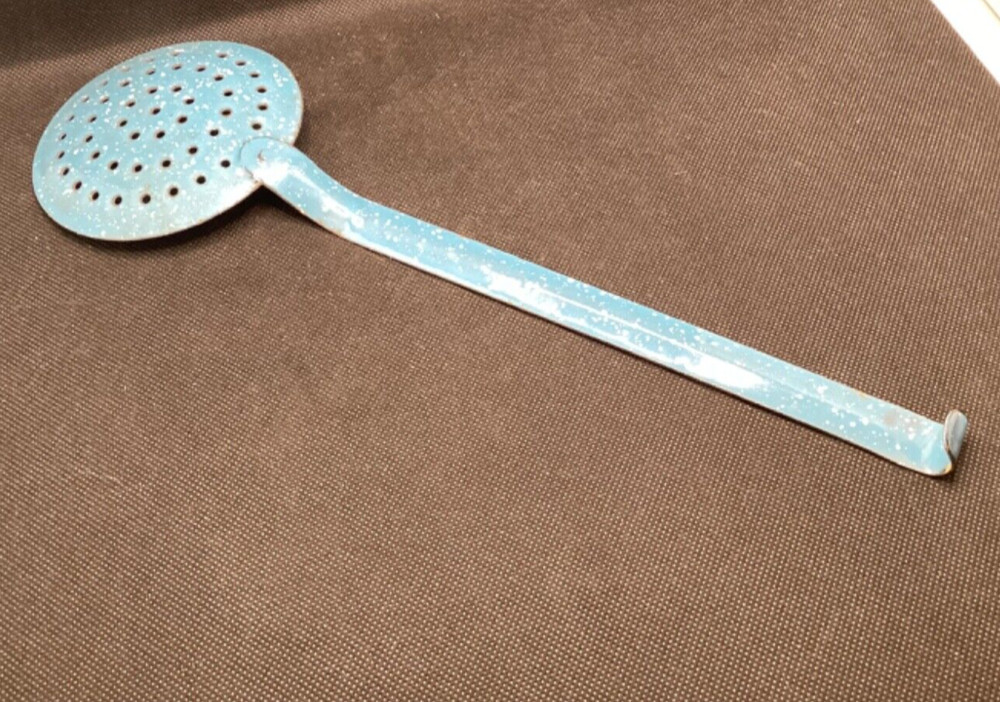 Vintage light Blue white Speckled Enamelware / Graniteware Strainer Ladle