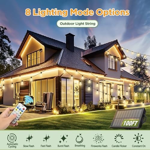 100FT Waterproof Solar String Lights with Remote & Timer, LED Shatterproof Bulbs