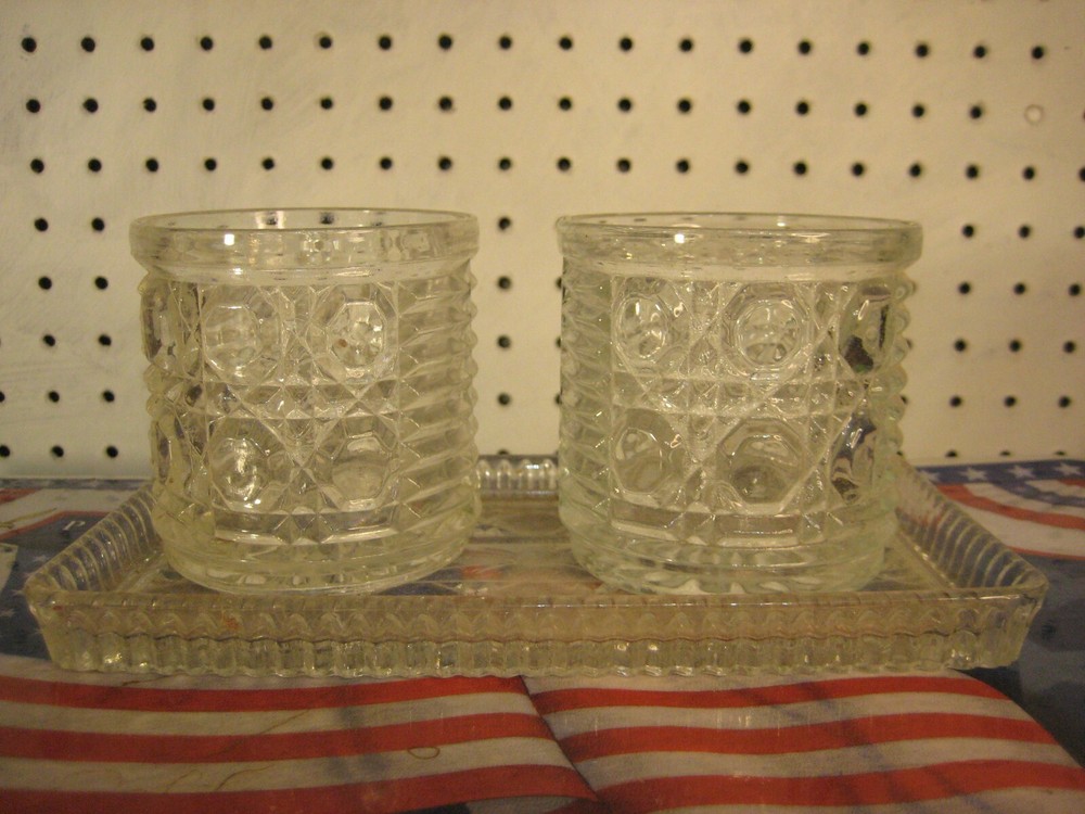 Pressed Glass Dresser Set with Tray - Waffle and Button Pattern