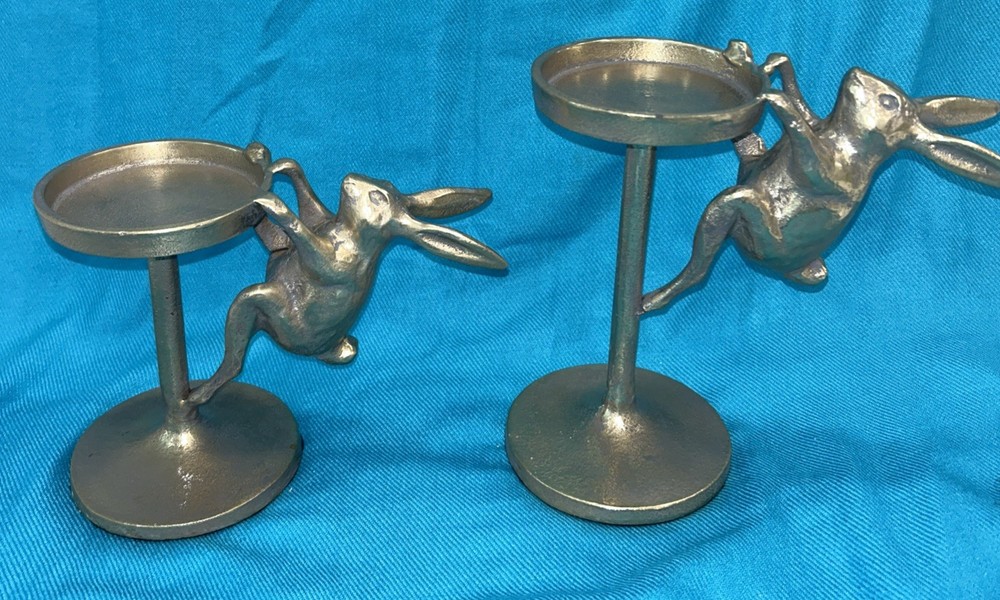 Pair (2) Brass Bunny Rabbit Candle Holders Easter Spring Made In India
