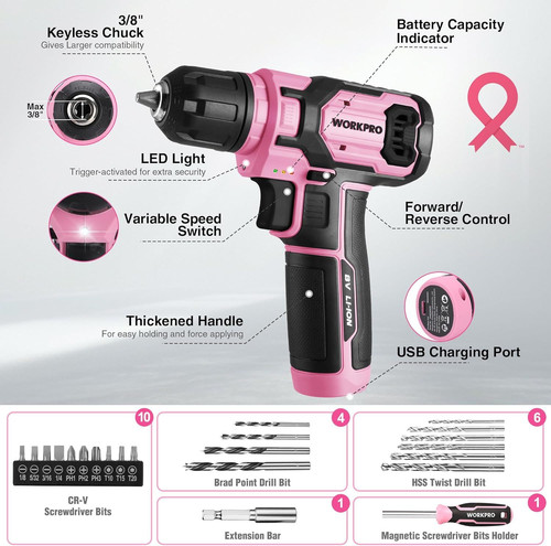 WORKPRO Pink Cordless Drill Driver with Toolbox, 43PCS Tool Set