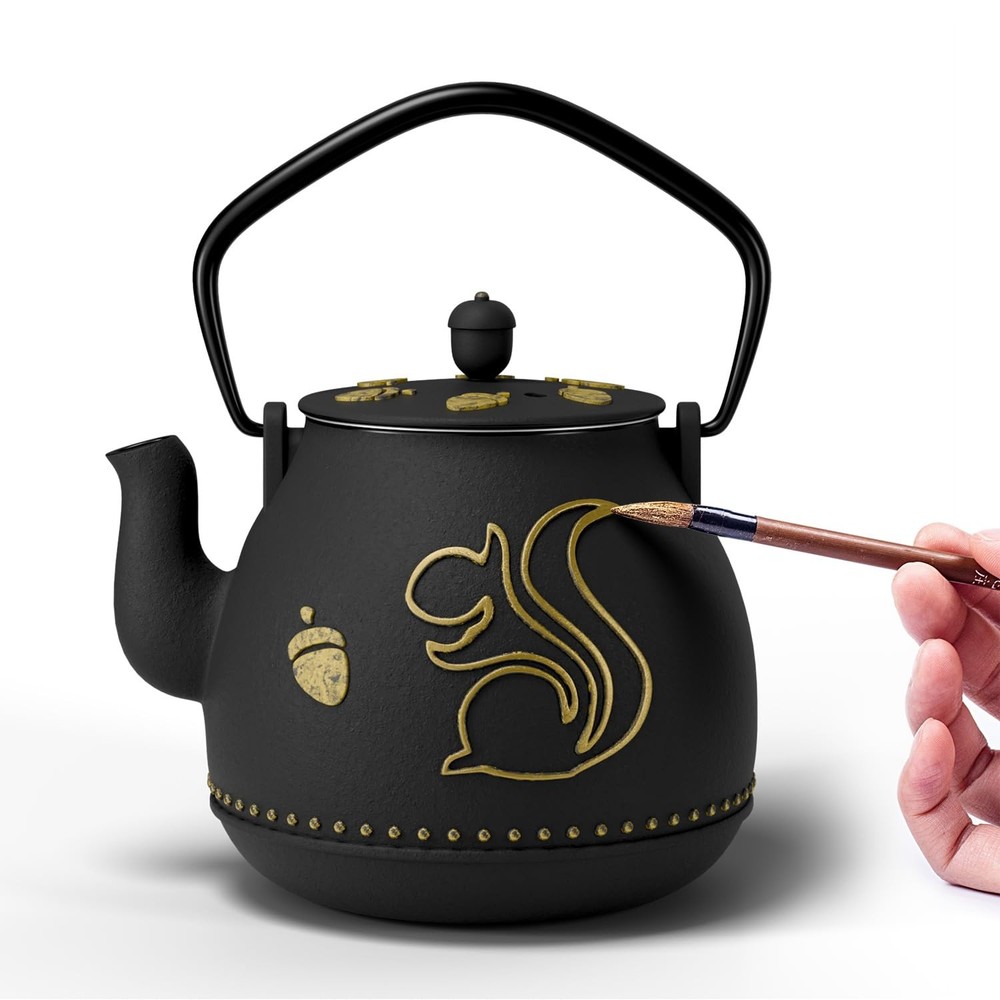 32 Ounce 950 ml Black Cast Iron Teapot with Removable Infuser Squirrel