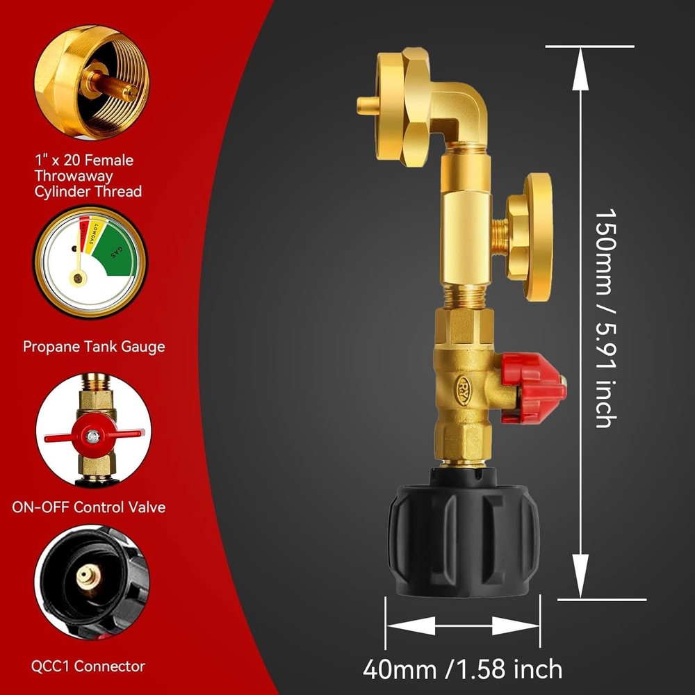 Solid Brass Propane Refill Kit, 90-Deg Elbow, QCC1 with On-Off Control