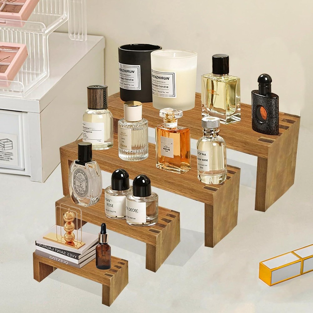 GYSYELL 8Pcs Wood Risers Display Stands 2 Set,4 Tier Rectangular Spice Acacia