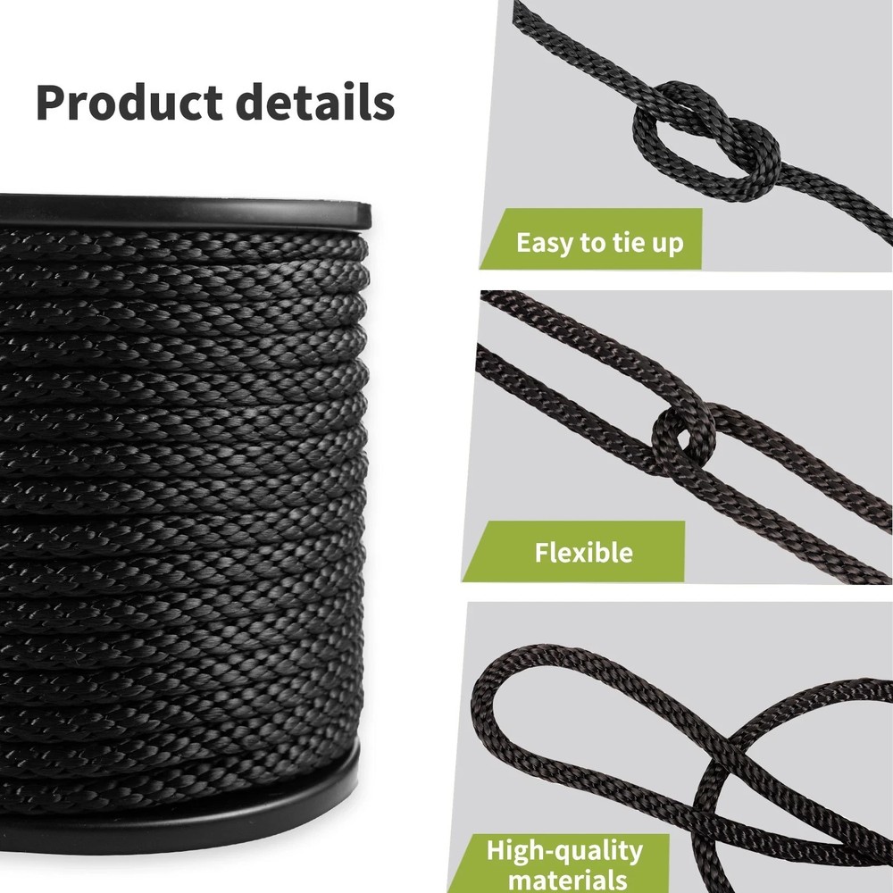 3/8'' 200' Black Polyester Solid Braid Rope