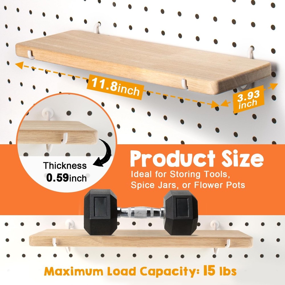 Solid Wood Pegboard Shelf, Pegboard Shelves with Pegboard Hooks, Pegboard Acc...