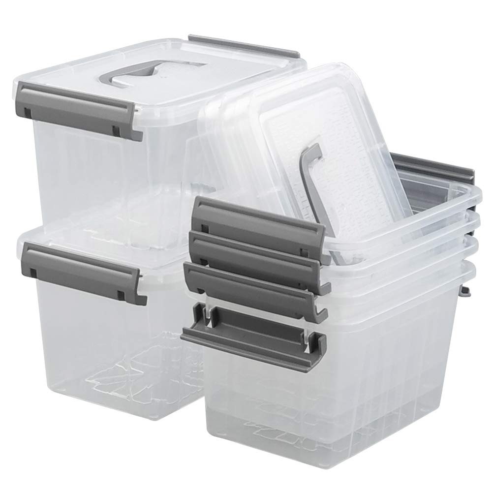 3.5 Quart Clear Plastic Storage Bins with Handles - 6 Pack Small Organizers (Gra
