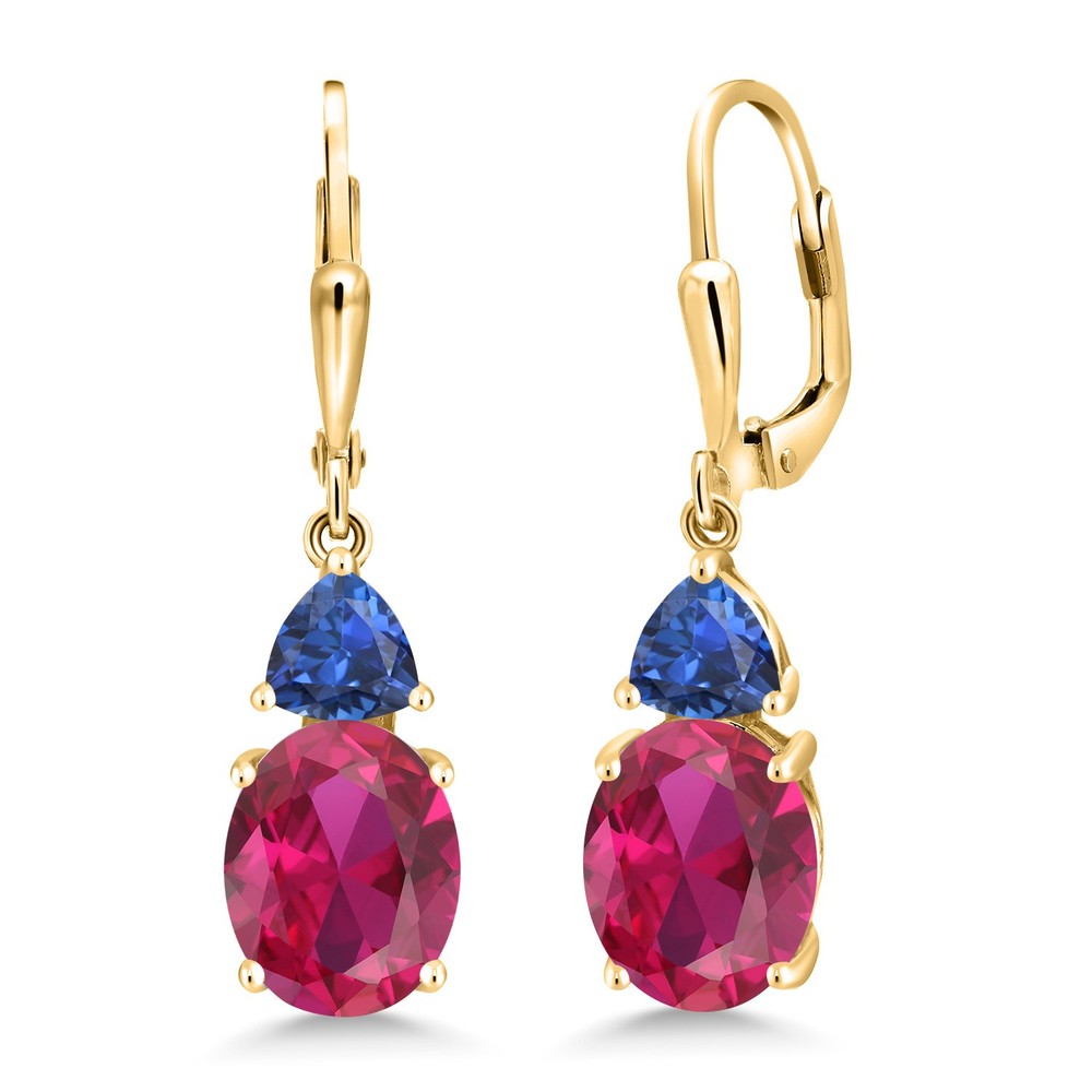 18K Yellow Gold Plated Silver Created Ruby and Created Sapphire Dangle Earrings