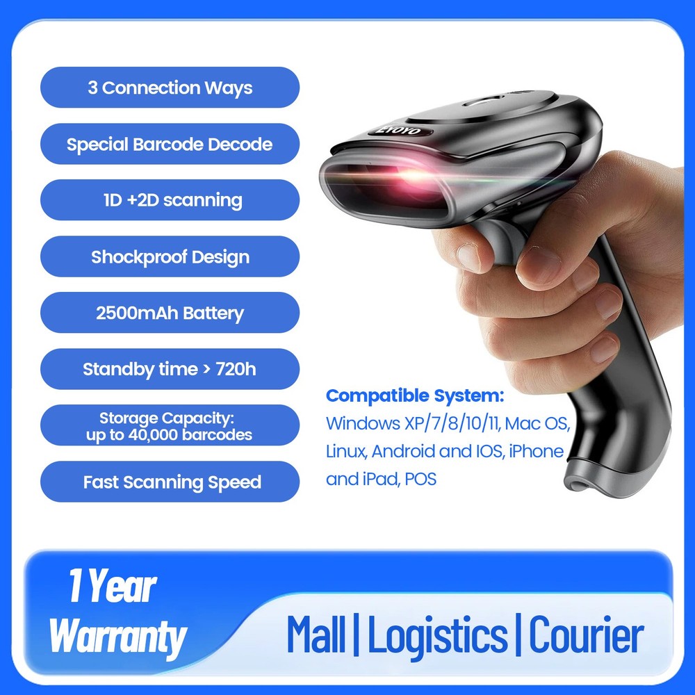 Eyoyo 1D 2D QR Code Wireless Barcode Scanner Library Warehouse Inventory Scanner