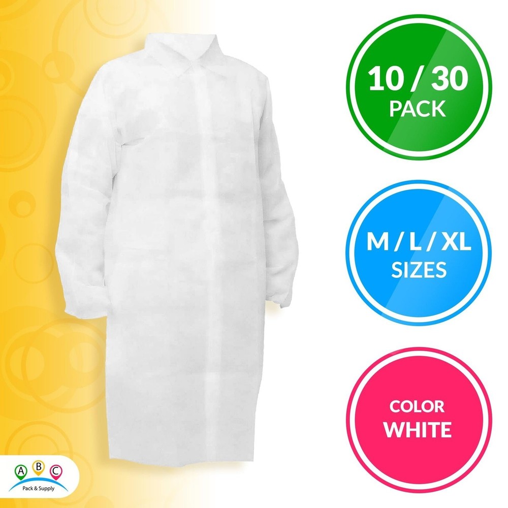 10ct White Lab Coats Large Polypropylene Coat Hook and Loop Fastener Collar