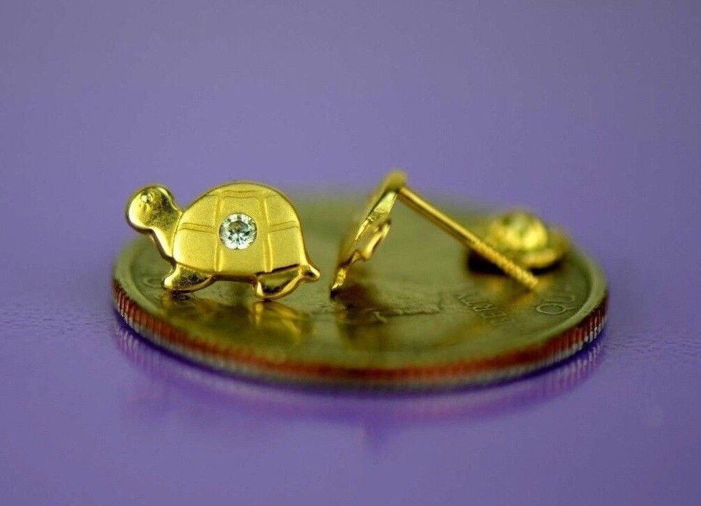 14k Yellow Gold CZ Turtle Stud Earrings