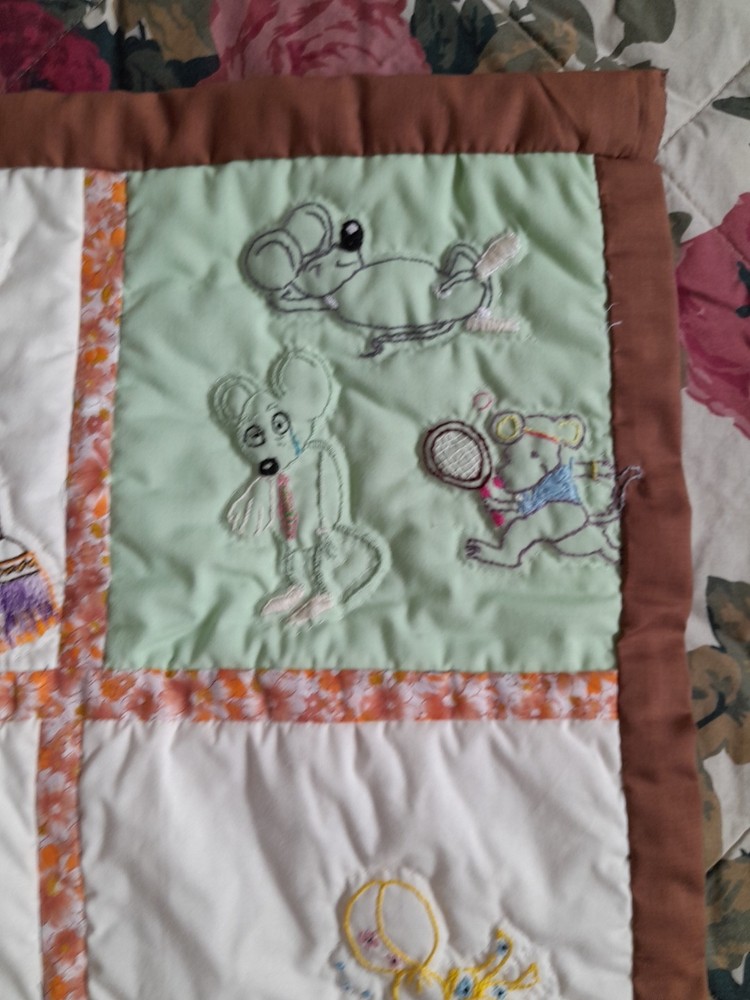 Vintage Handmade Embroidered Patchwork Crib Cot Pram Cover