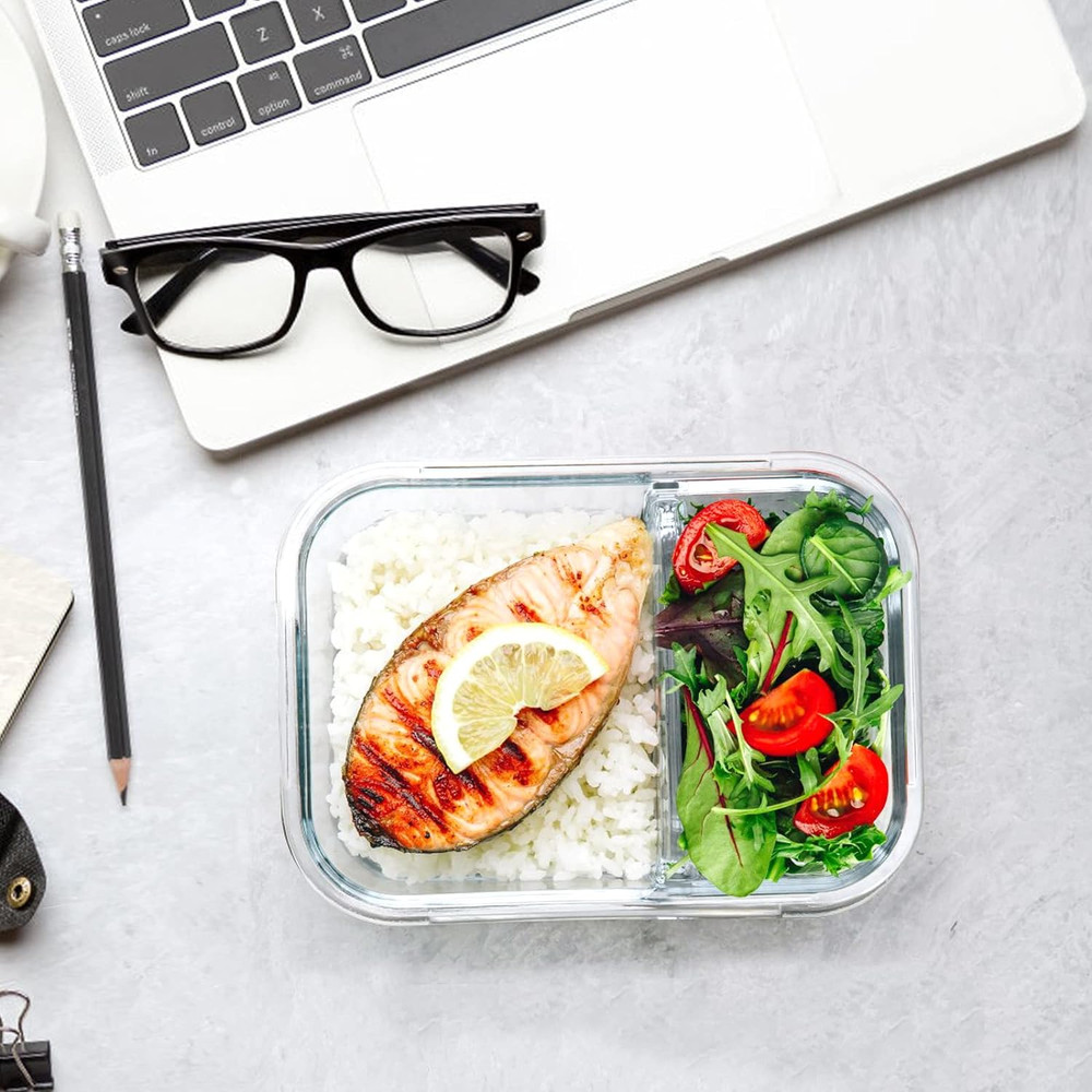 [5-Pack,36 Oz] Glass Meal Prep Containers 2 Compartments Portion Control with Up