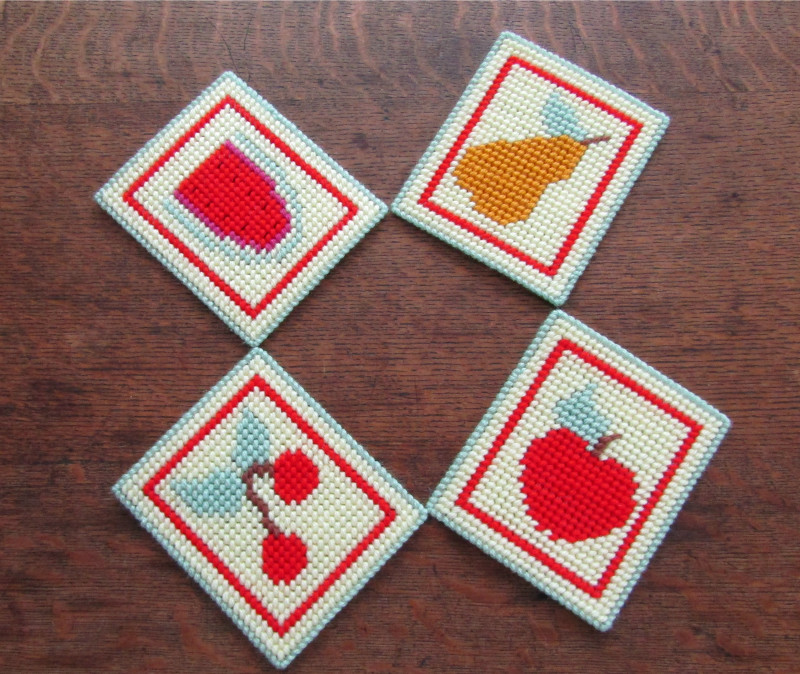 Fruit Design Beverage Coasters in Handmade Needlepoint. Home Decor. Table Decor