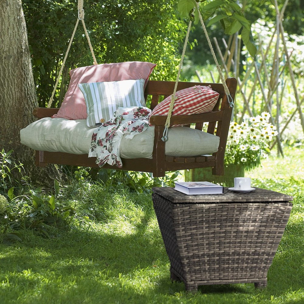 Outdoor PE Wicker Side Table with Storage, Small Patio Storage Bin Container