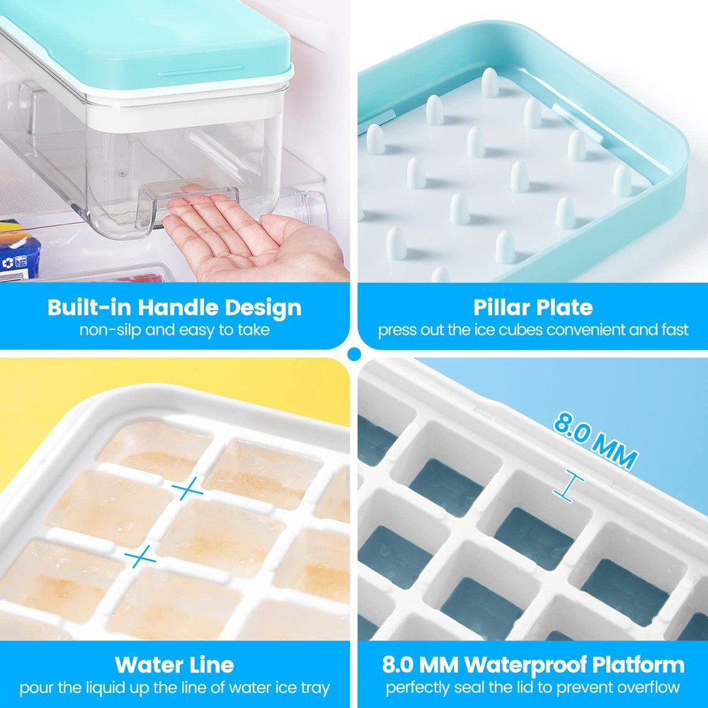 Blue 2 Tier Ice Cube Tray Set Easy Release BPA Free Includes Lid and Storage Bin