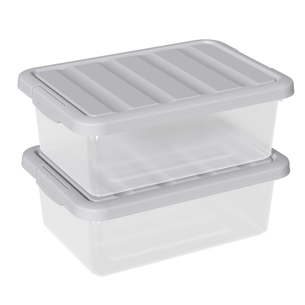 14 Quart Plastic Clear Storage Bin, Stackable Latching Box with Grey Lid, 2 P...