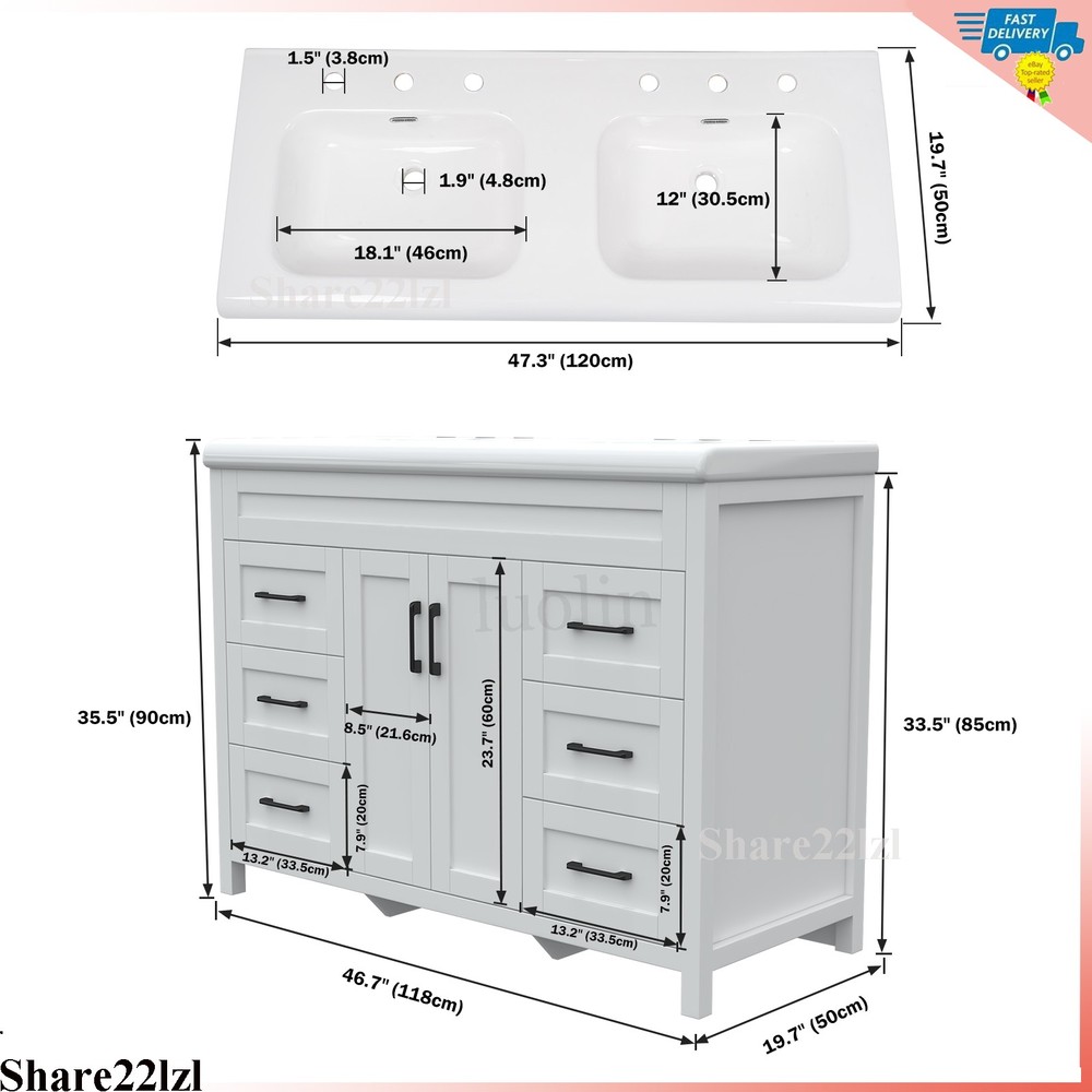 47" Bathroom Vanity Set with Double Ceramic Sinks Artificial Marble Countertop