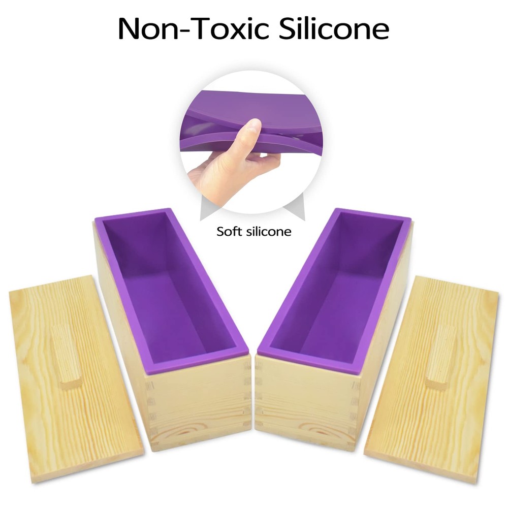 2 Pack 42oz Rectangular Silicone Soap Loaf Molds with Wooden Box and Lid