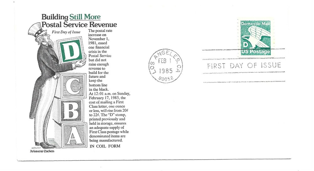 2112  'D' (22c) Non Denominated Eagle coil  Aristocrat Cachets FDC