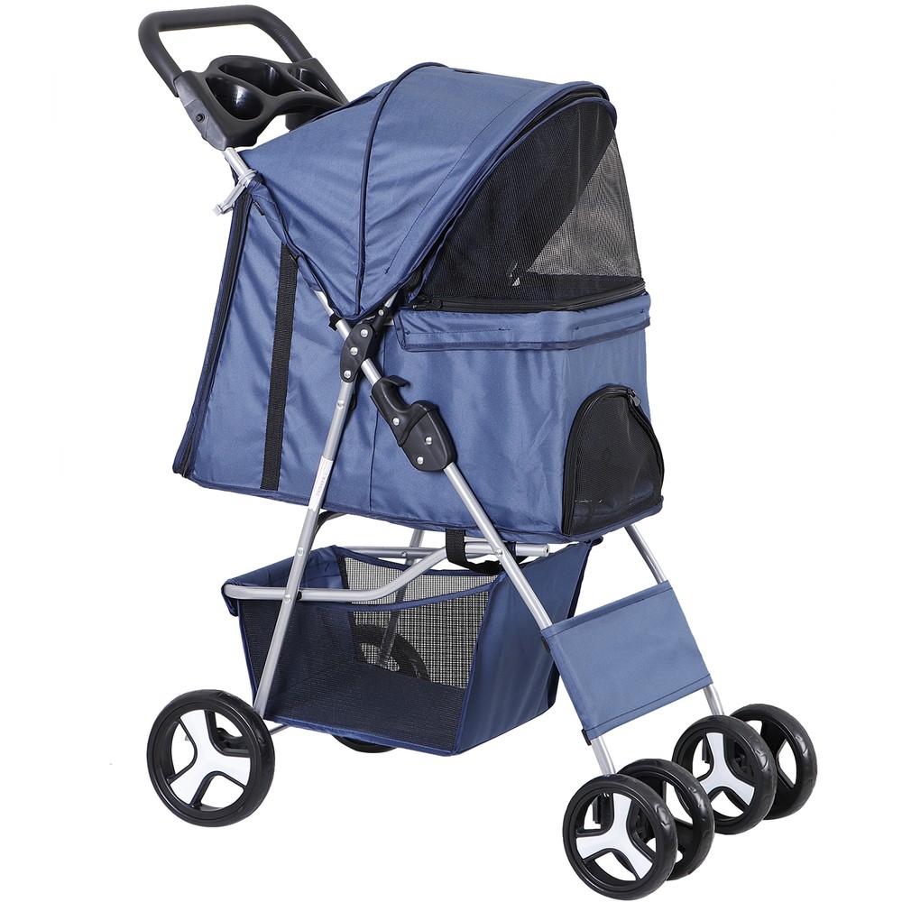 4-Wheels Folding Dog Stroller Pet Stroller for Medium Dogs Cat Stroller Blue