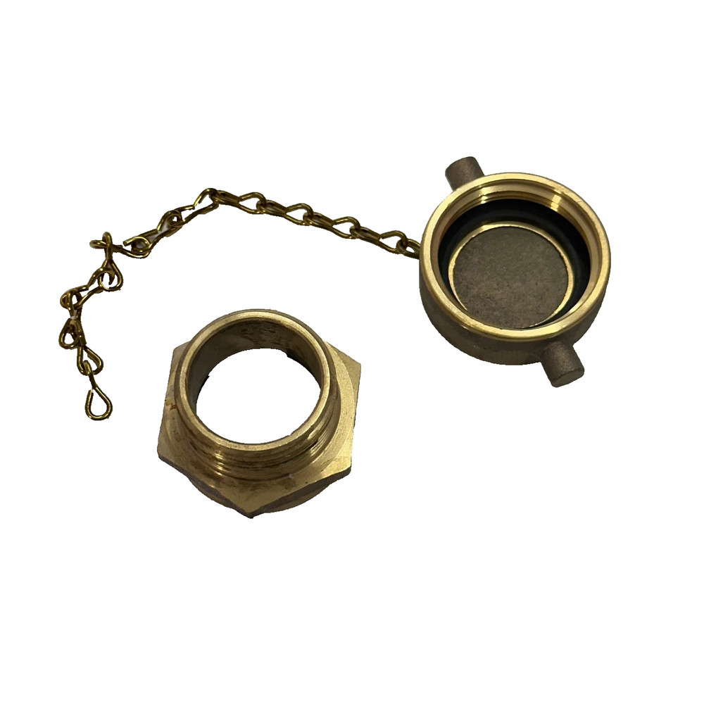 2.5" Brass FDC Set - Fire Hydrant Cap with Chain & Hex Nut Adapter Fitting - New