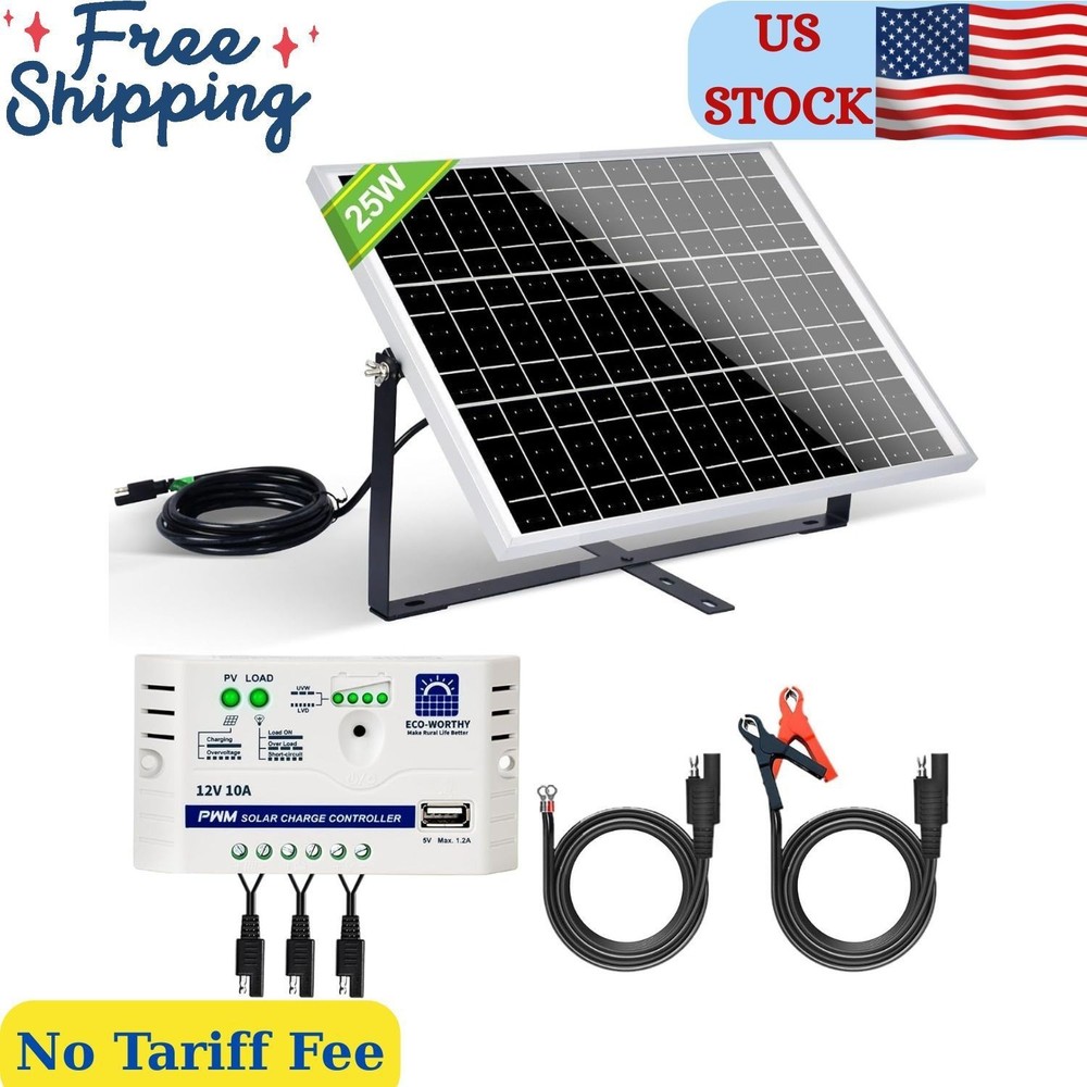 25 Watts 12V Off Grid Solar Battery Charger Kit: Waterproof Solar Panel