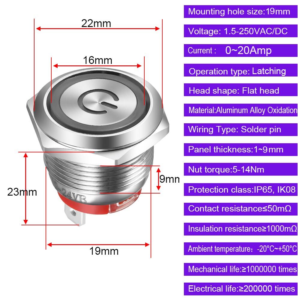 19mm Latching Stainless Steel Push Button Switch Waterproof 4 pin SPST Switch...
