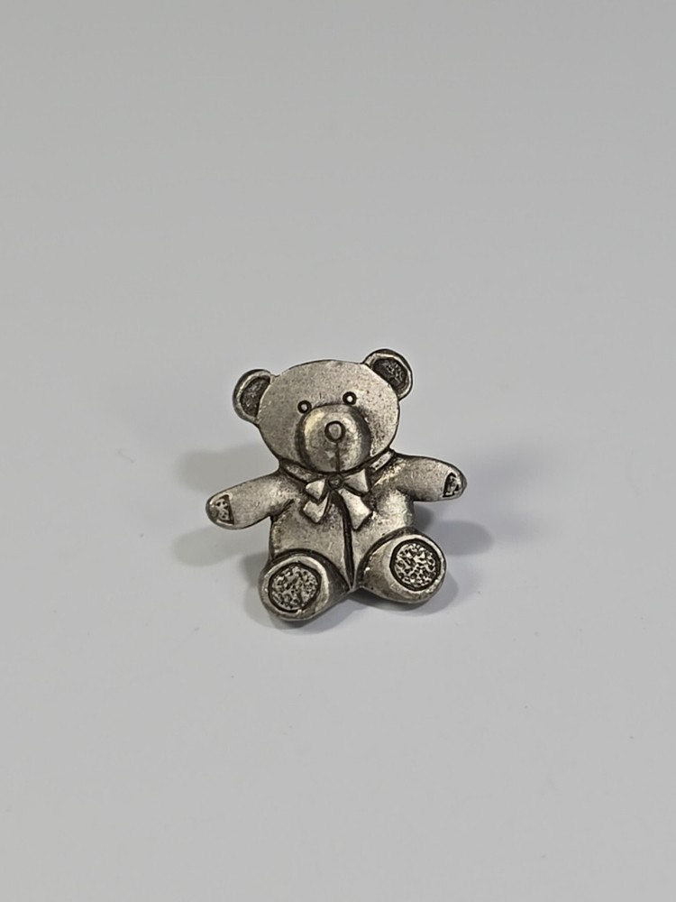 Teddy Bear Lapel Pin Small With Bow Silver Color Metal