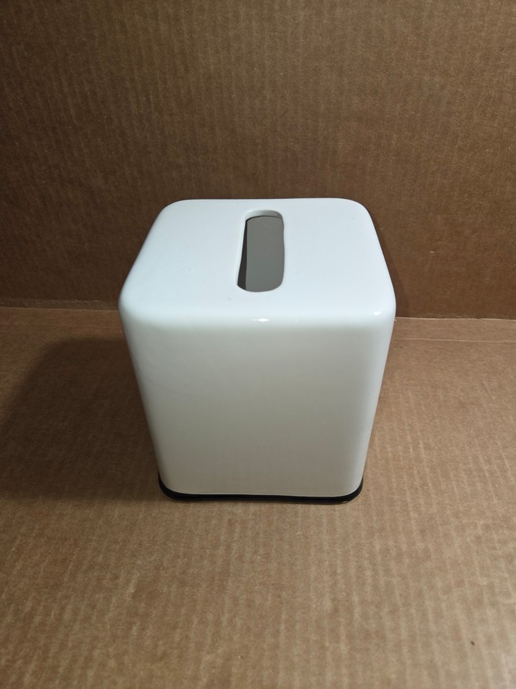 Tissue Box Cover White Square Black Bottom Trim