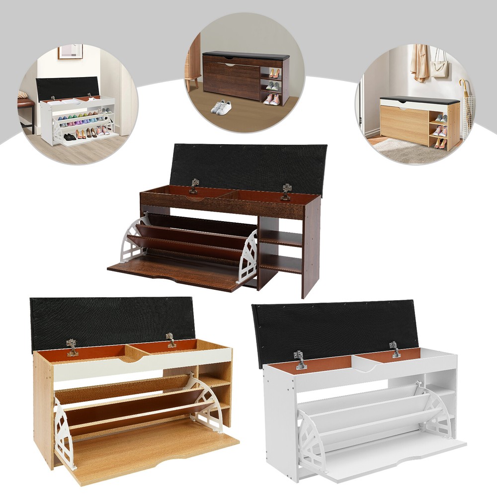 Space-Saving Triple-Fold Shoe Rack with Bench, Warm White, Entryway Storage