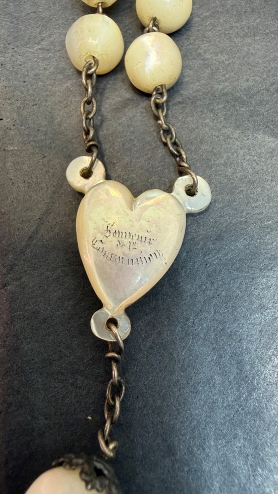 Victorian Big Rosary Filigree Silver MOP Mother Of Pearl Communion 2'' Crucifix