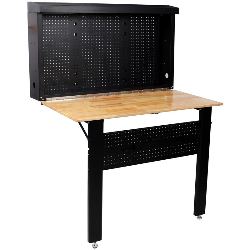 Foldable Steel Wall Mounted Workbench Rubberwood Work Surface for Tool Storage