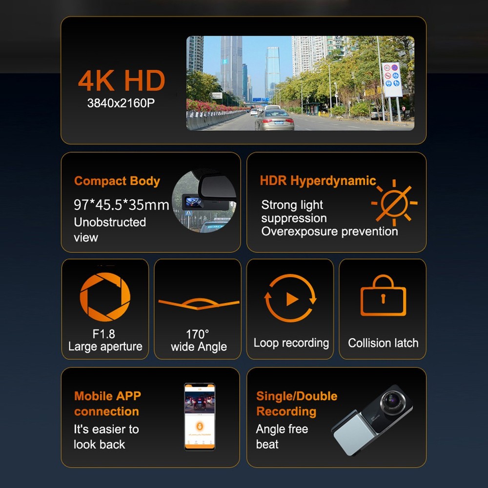4K GPS Dash Cam Night Vision WiFi 170° Wide Angle Dashboard Camera w/APP Control