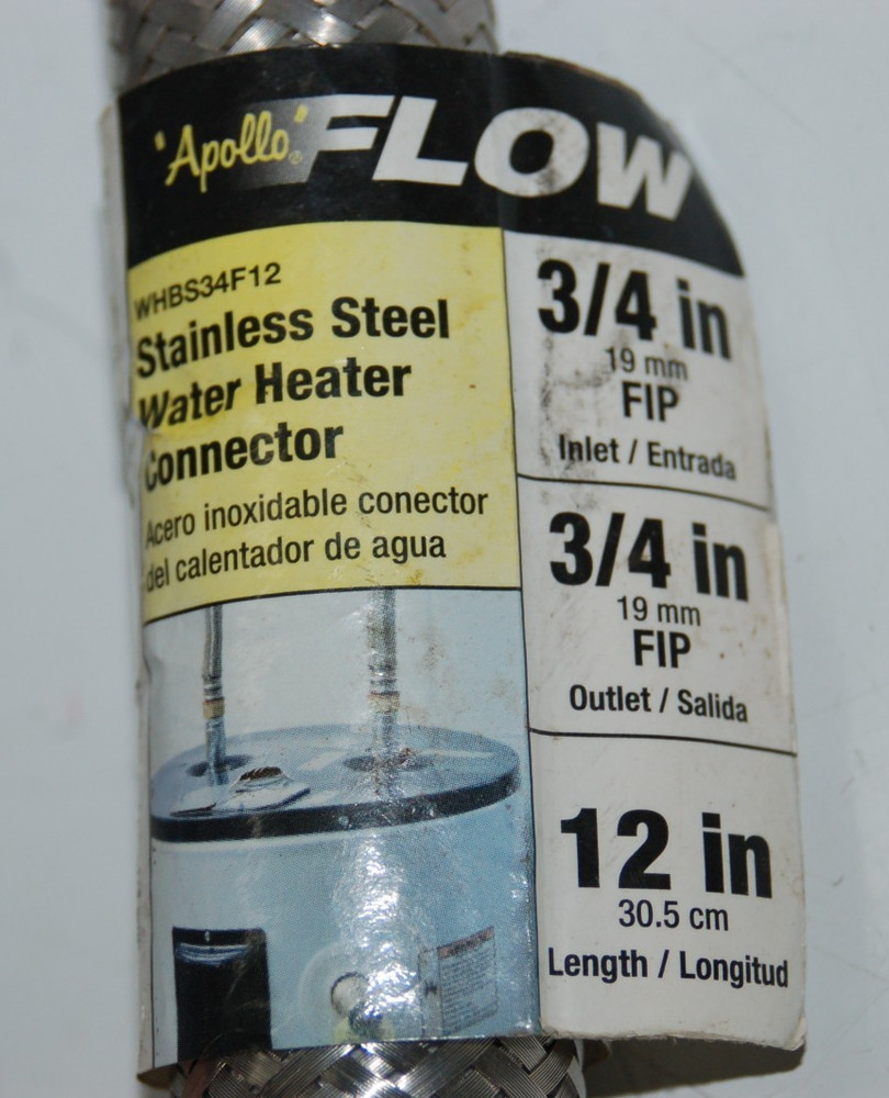 Apollo FLOW Stainless Steel Water Heater Connector 3/4" to 3/4" FIP 12" Long