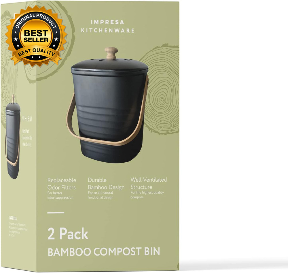 2 Pack Bamboo Compost Bin for Kitchen – 1 Gallon Countertop Container with Lid